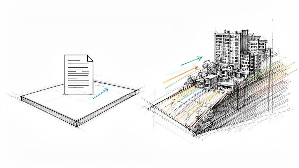 Ilustración de un plano de terreno transformándose en un paisaje urbano con edificios, calles y flujos de colores.