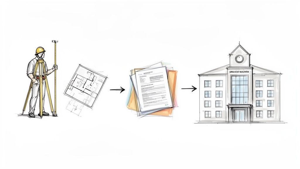 Proceso de subdivisión de terrenos, desde el topógrafo y planos hasta la aprobación de documentos en un edificio gubernamental.