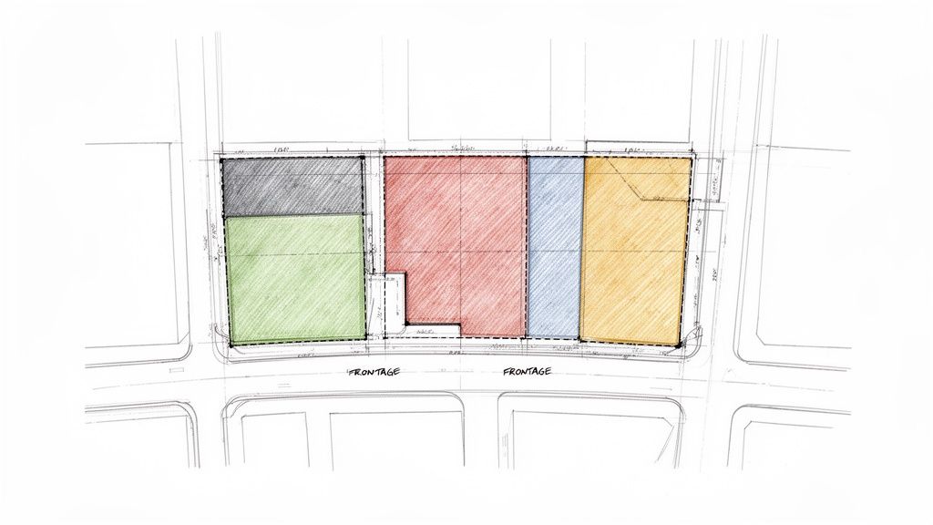 Croquis de plano de desarrollo urbano con divisiones de terrenos coloreadas y calles, mostrando zonas de fachada.