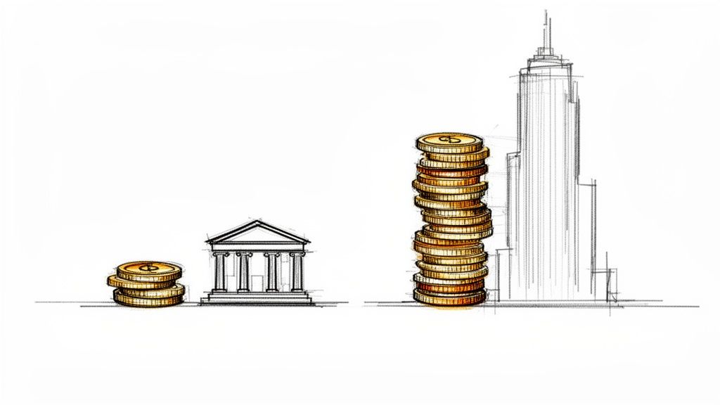 Ilustración de un pequeño banco con pocas monedas y un rascacielos grande con una pila alta de monedas de oro, simbolizando el crecimiento financiero.