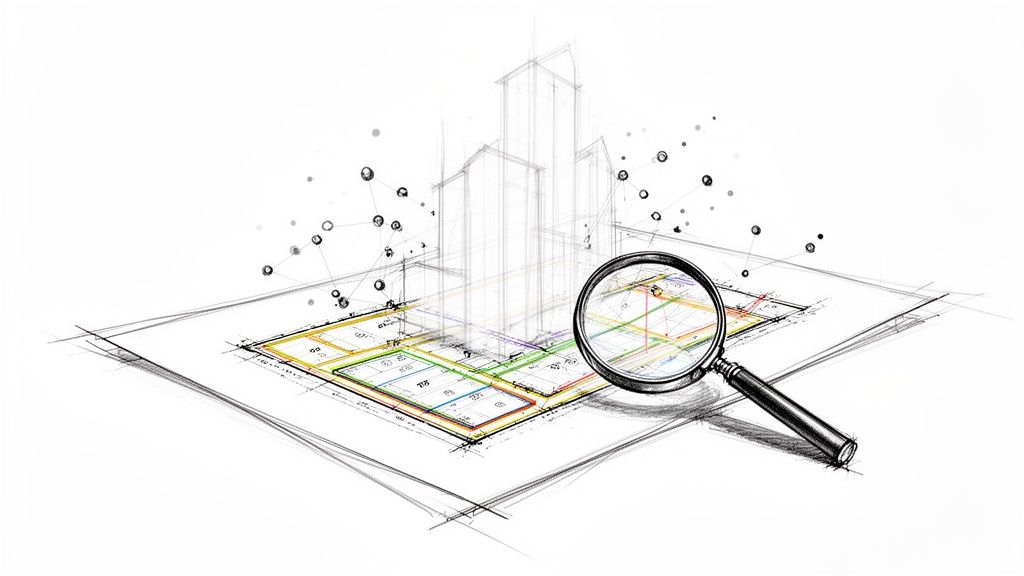 Boceto de plano de ciudad con edificios, lupa y nodos de datos, representando catastro y análisis urbano.