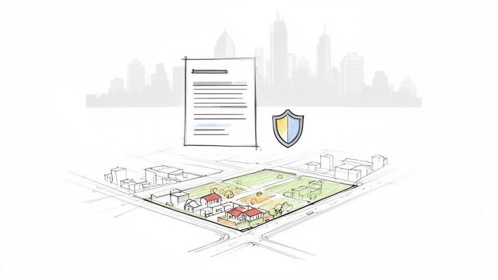 Ilustración de un informe legal y un escudo sobre un mapa de terreno con casas y ciudad de fondo.