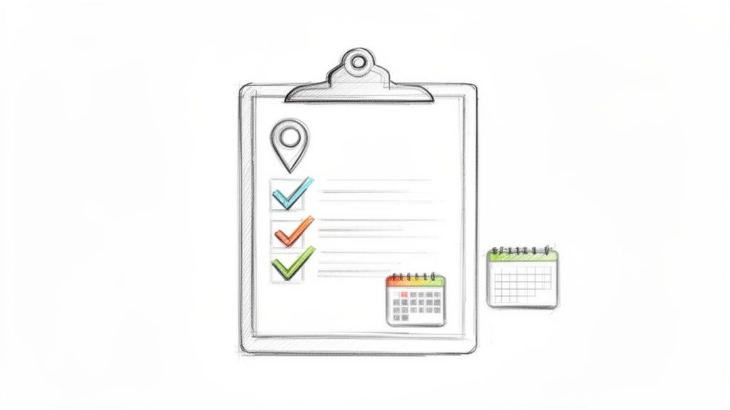 Un portapapeles con una lista de verificación, un marcador de ubicación y calendarios, simbolizando planificación y tareas.