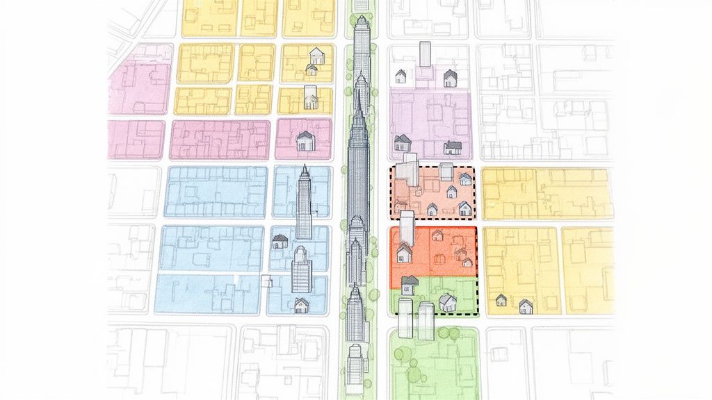 Diagrama de planificación urbana que ilustra bloques de ciudad con zonas de colores, edificios y casas.