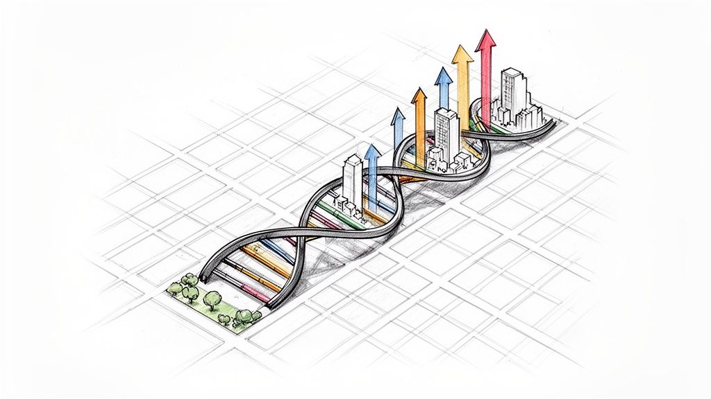 Una hélice de ADN con edificios y flechas ascendentes sobre un plano urbano, simbolizando el desarrollo y crecimiento de la ciudad.