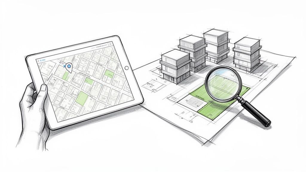 Mano sosteniendo una tableta con mapa y ubicación, junto a un plano arquitectónico con edificios y lupa.