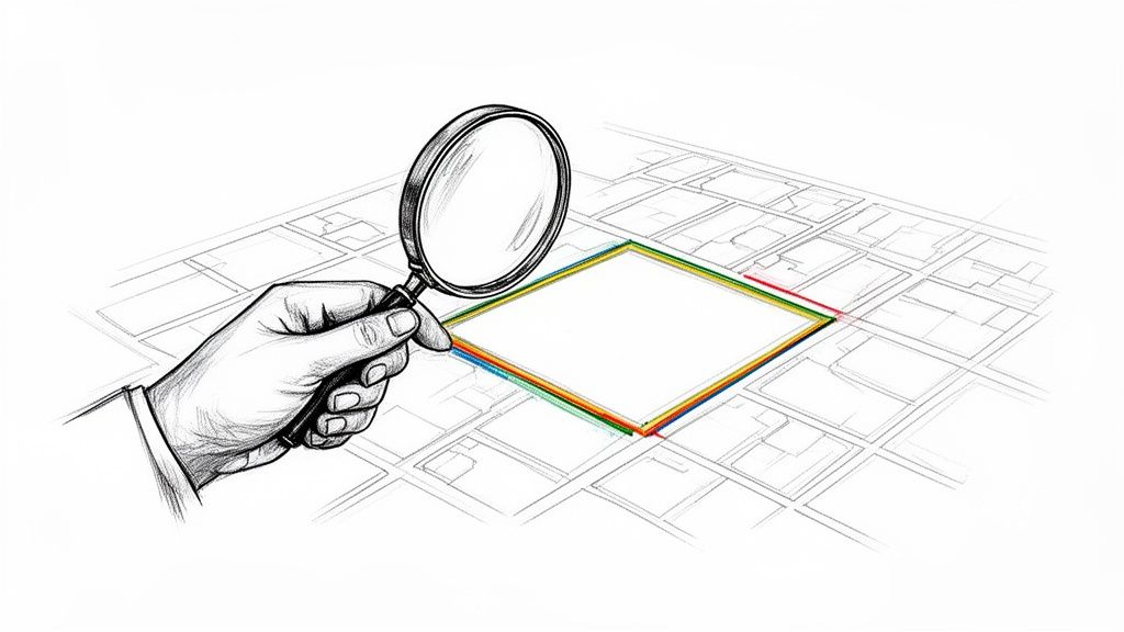 Una ilustración de una mano sosteniendo una lupa sobre un plano de terreno para verificar su zonificación.