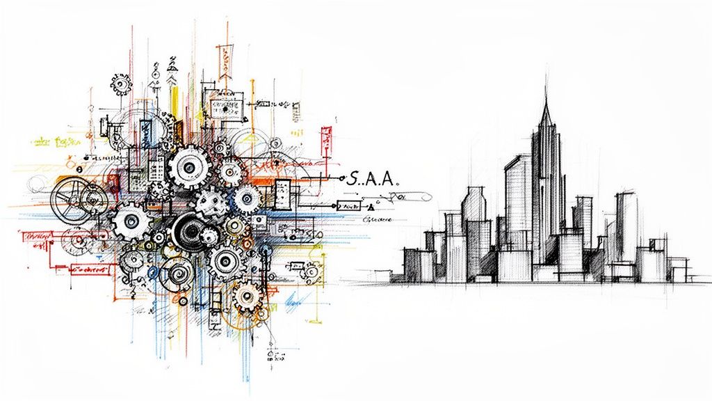Esquema conceptual con engranajes técnicos conectado a un boceto arquitectónico de una ciudad moderna con edificios.