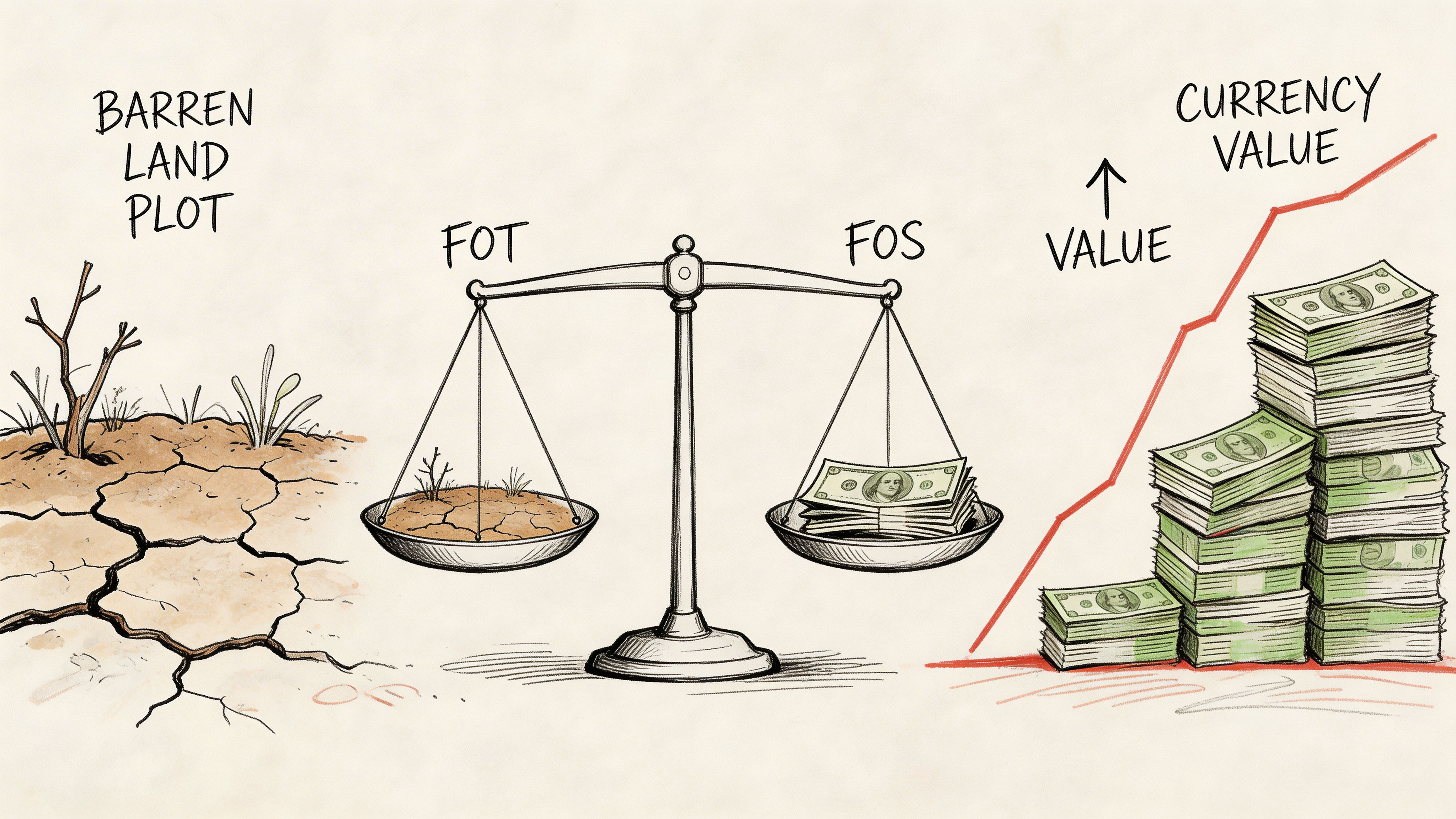 Una balanza comparando un terreno árido con dinero, ilustrando conceptos inmobiliarios de FOT y FOS.