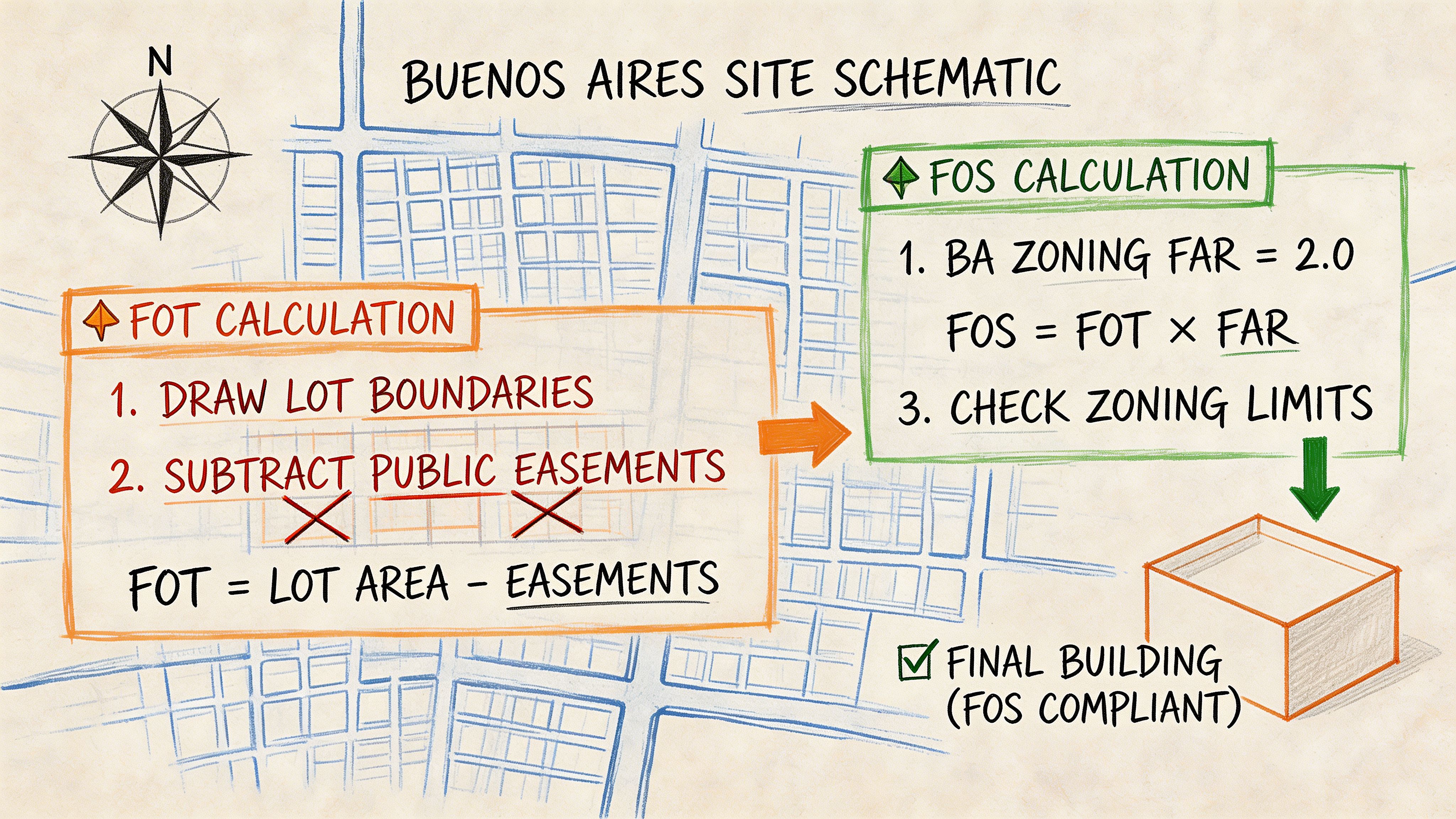 Esquema ilustrativo que explica paso a paso el método para calcular el FOT y FOS en Buenos Aires.