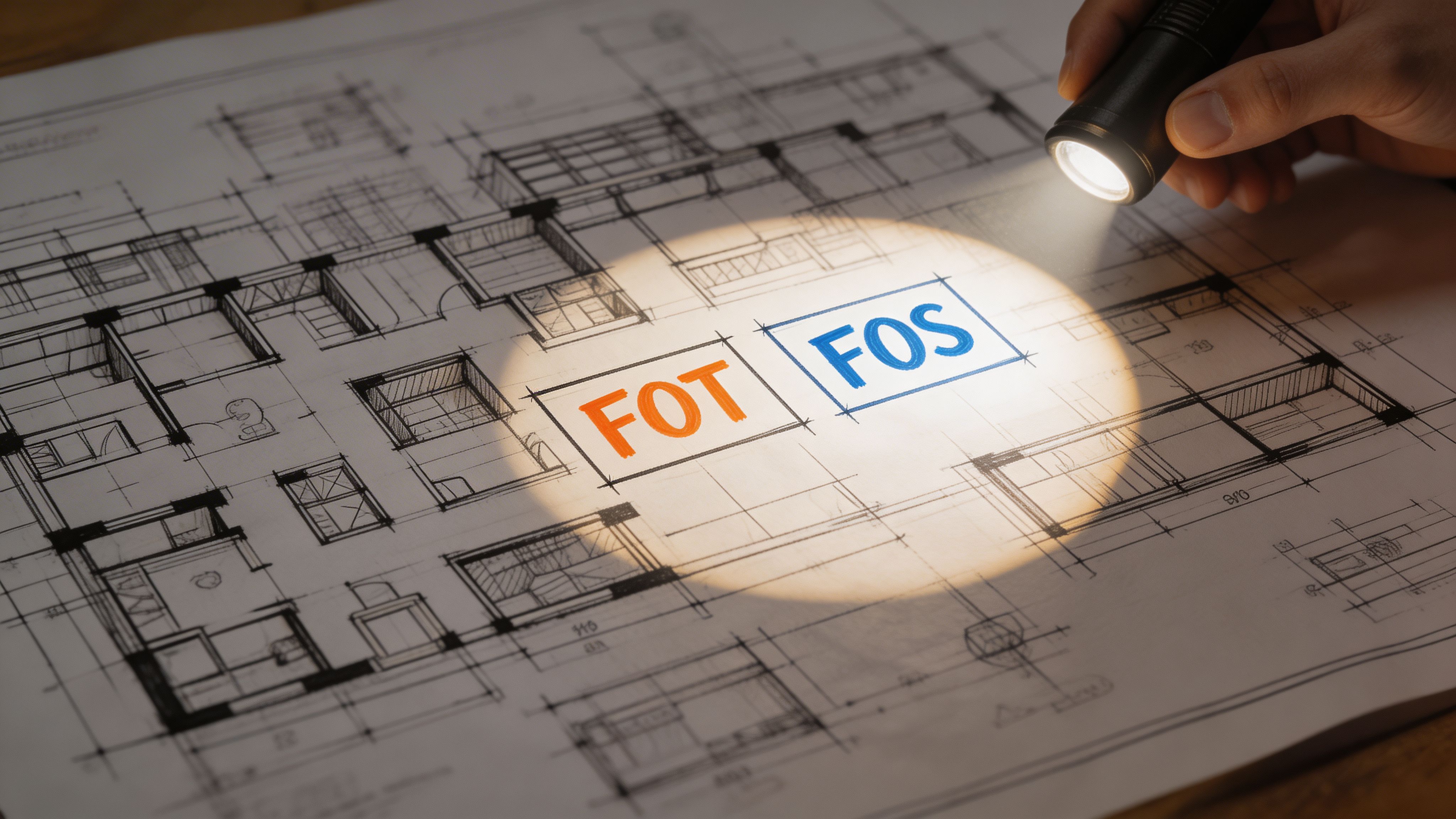 Una mano sosteniendo una linterna ilumina un plano arquitectónico con las siglas FOT y FOS resaltadas.