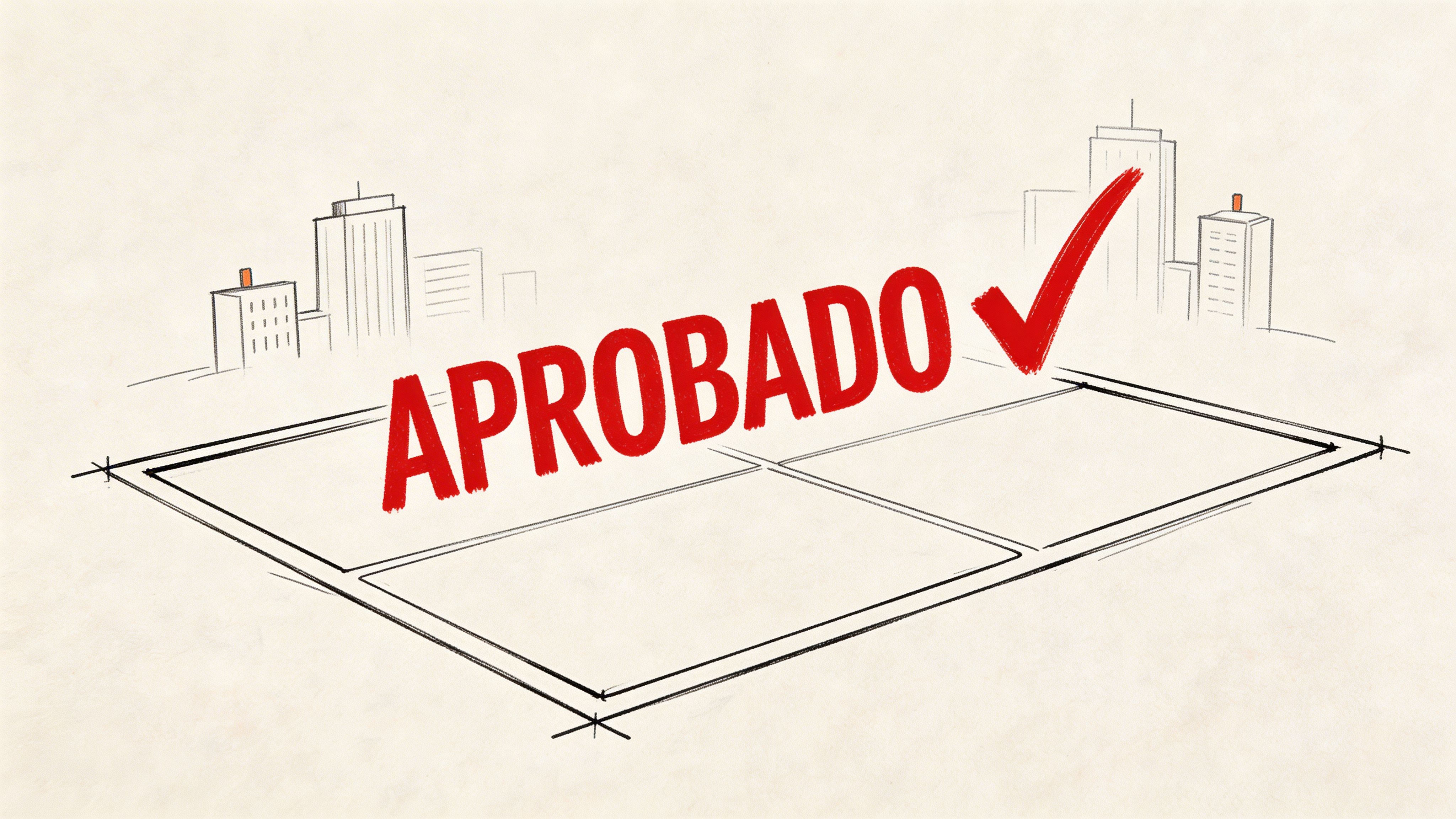 Representación gráfica de un plano de terreno con el sello rojo de aprobado sobre fondo urbano.