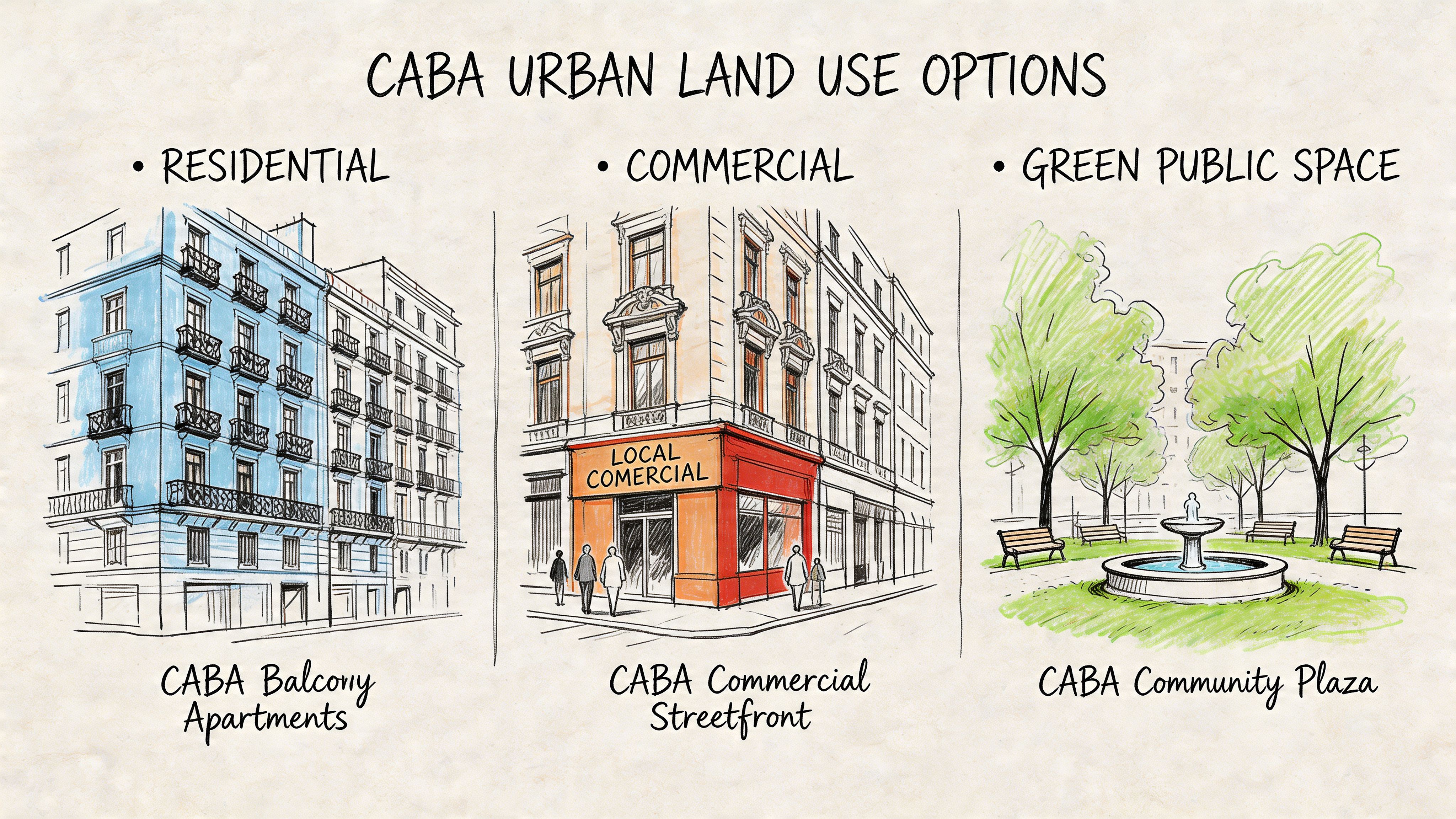 Ilustración de opciones de uso de suelo urbano en CABA: residencial, comercial y espacio público verde.