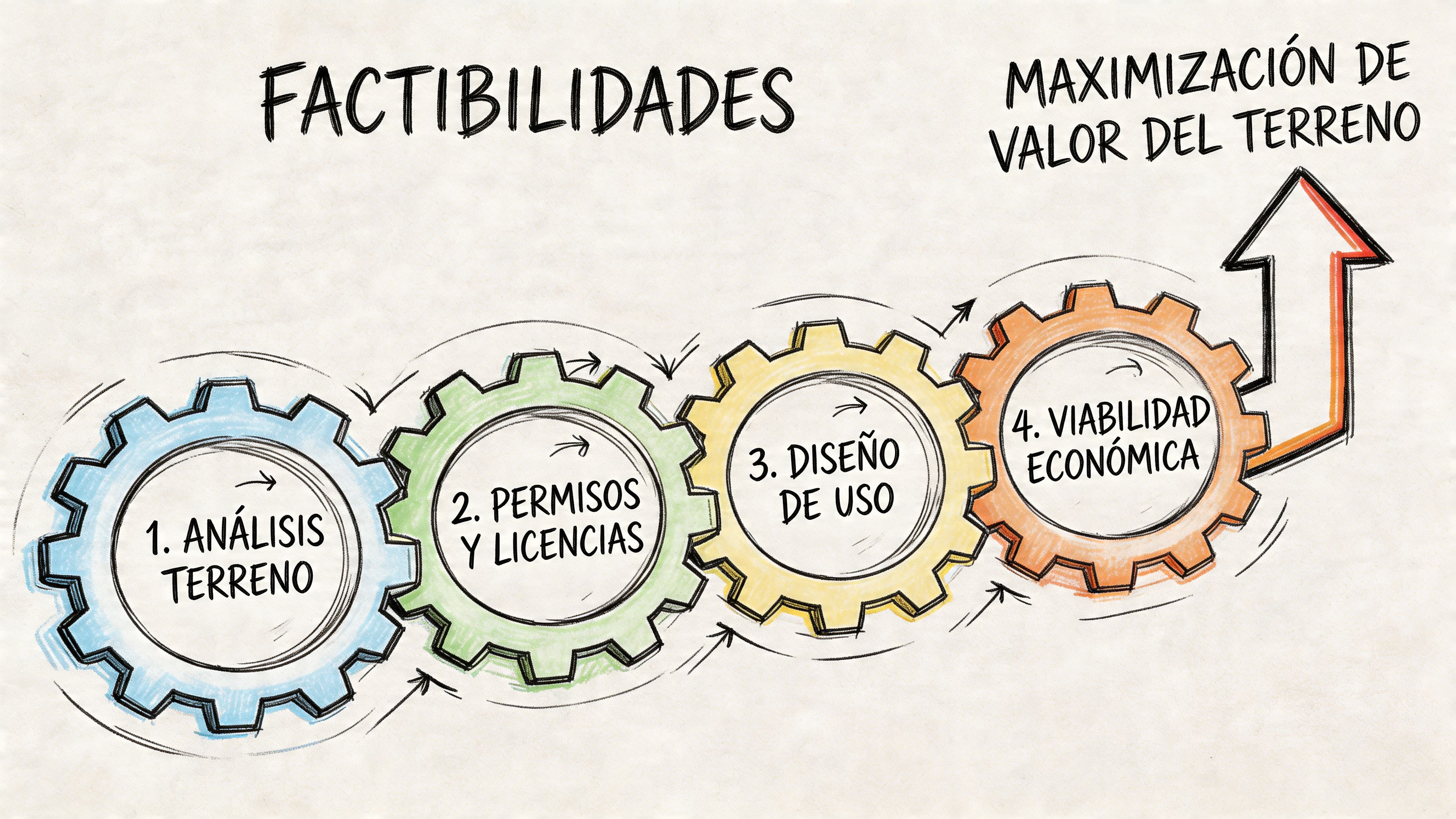 Diagrama de cuatro engranajes que muestra las etapas de factibilidad para maximizar el valor de un terreno.