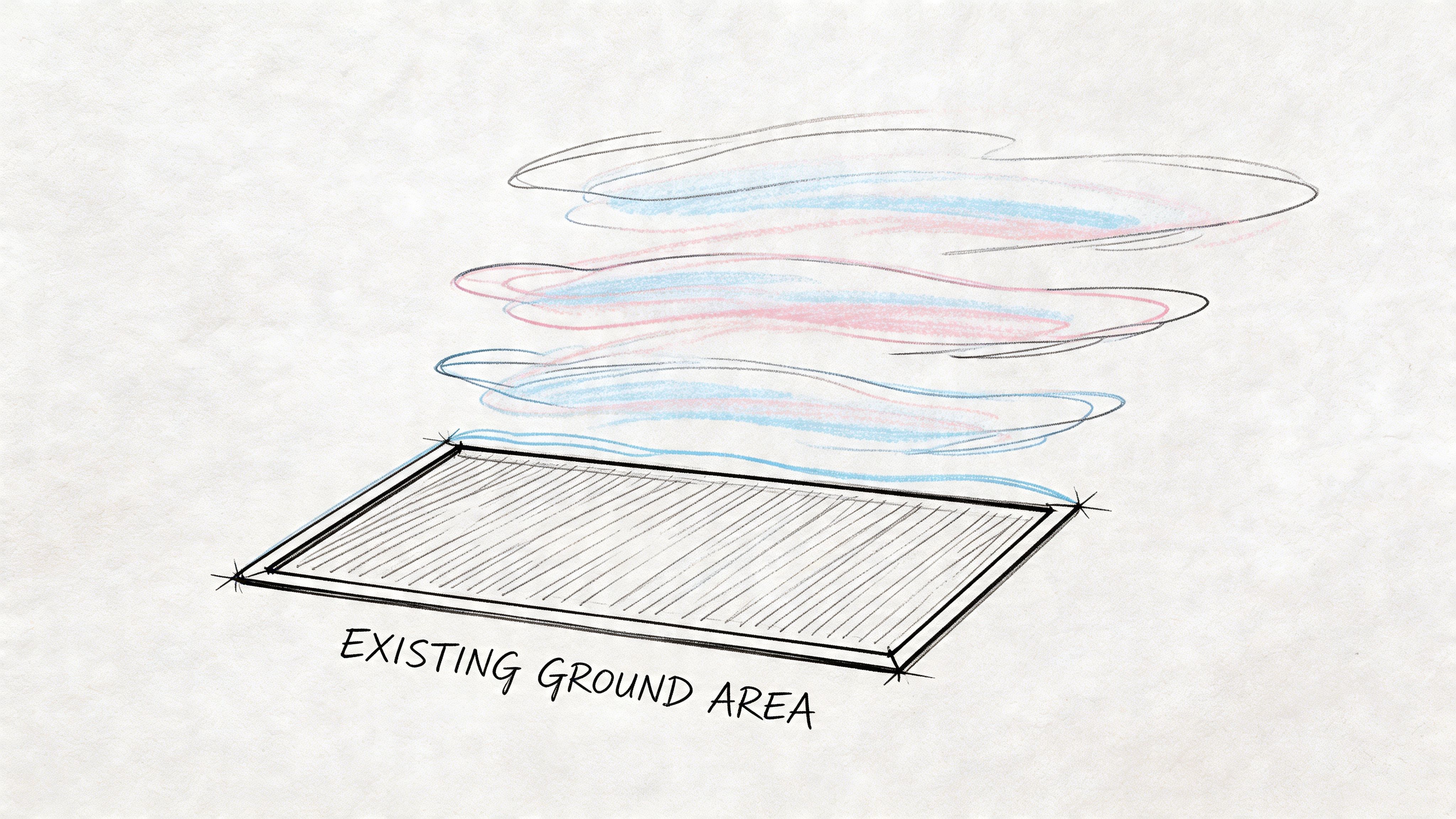 Un dibujo esquemático que representa un área de terreno rectangular sombreada con humo o bruma ascendente.