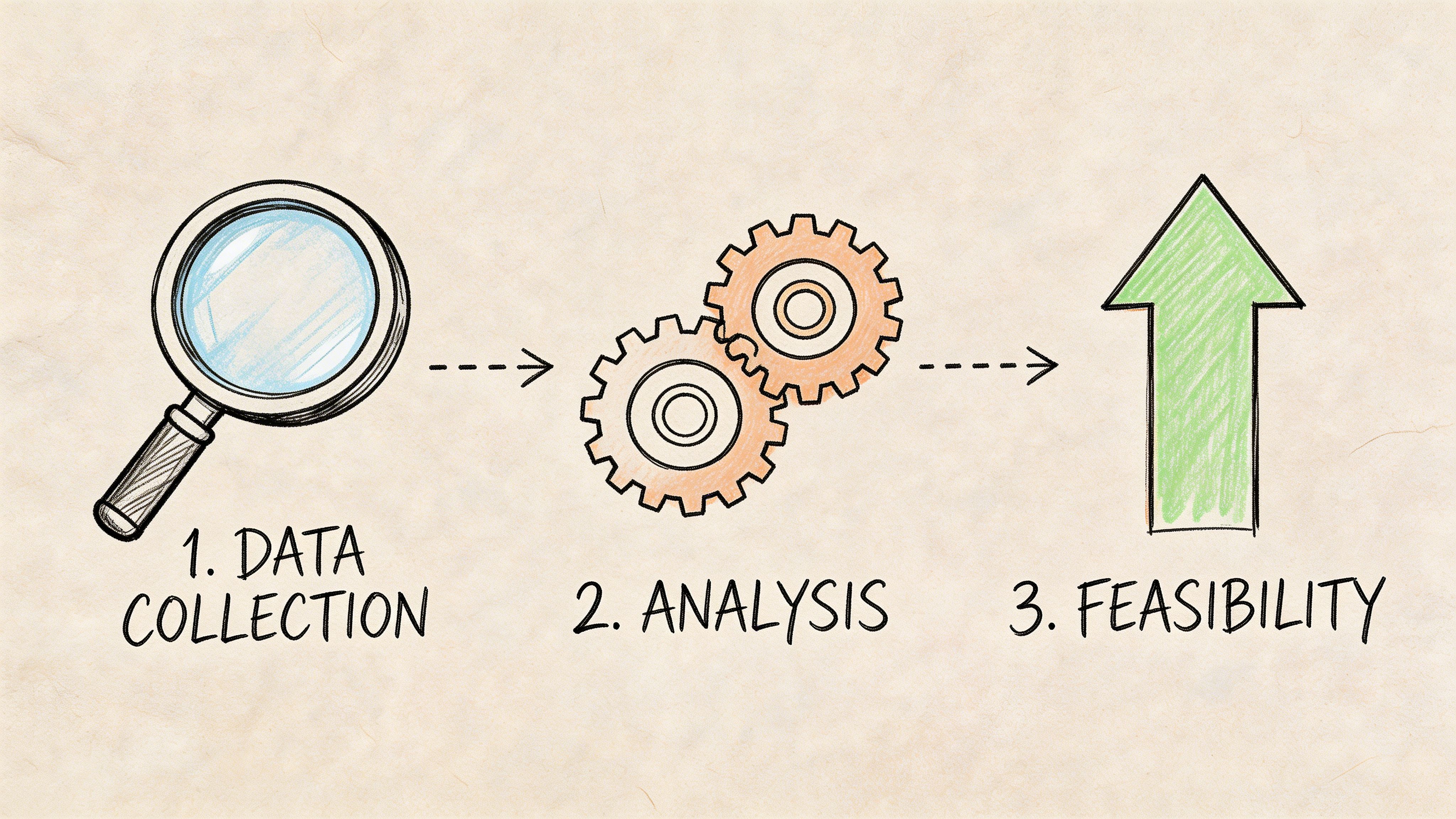 Diagrama de tres pasos que ilustra el proceso de recolección de datos, análisis y determinación de factibilidad.