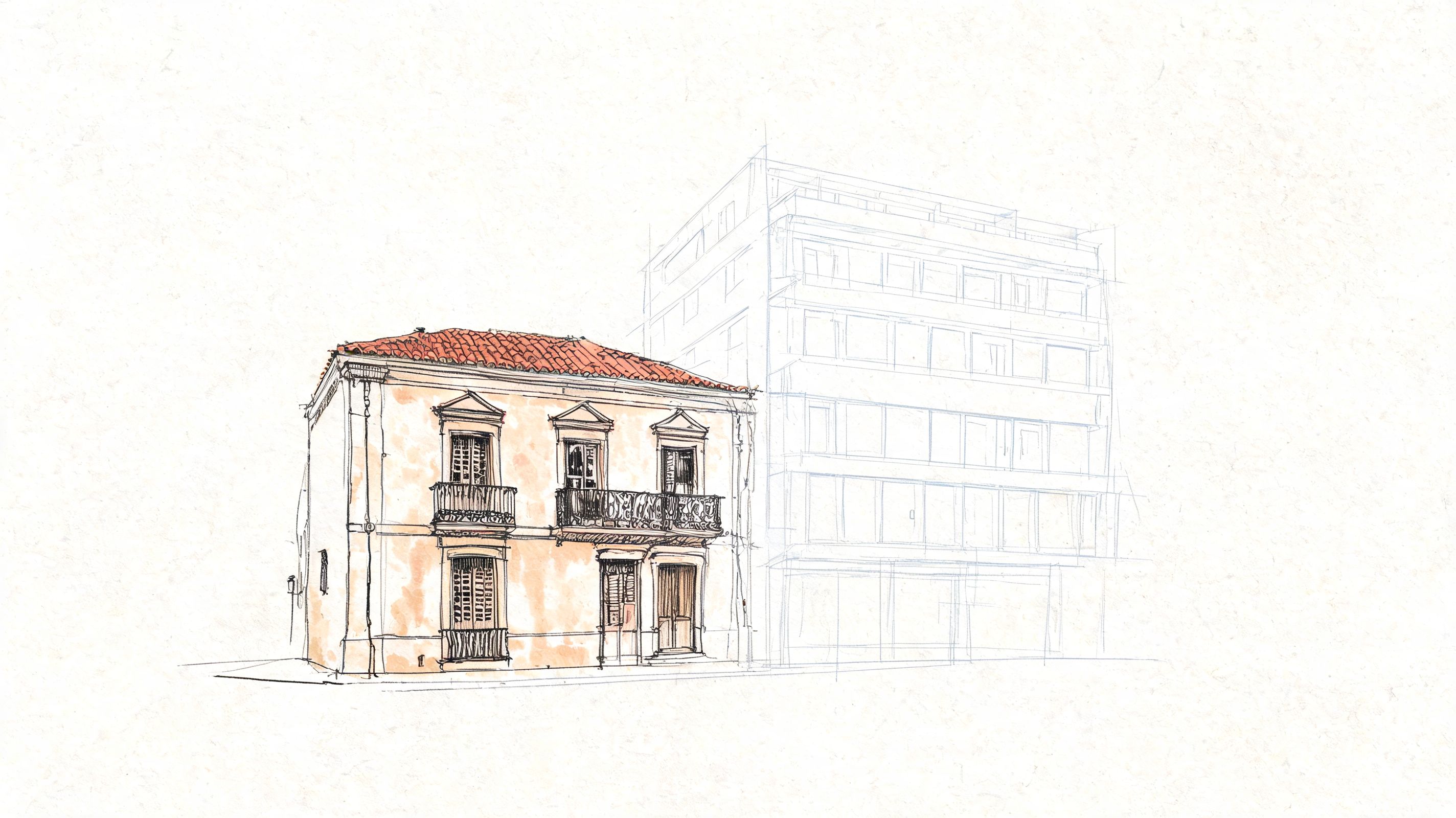 Dibujo arquitectónico comparando una casa tradicional de estilo colonial con un edificio moderno de oficinas.