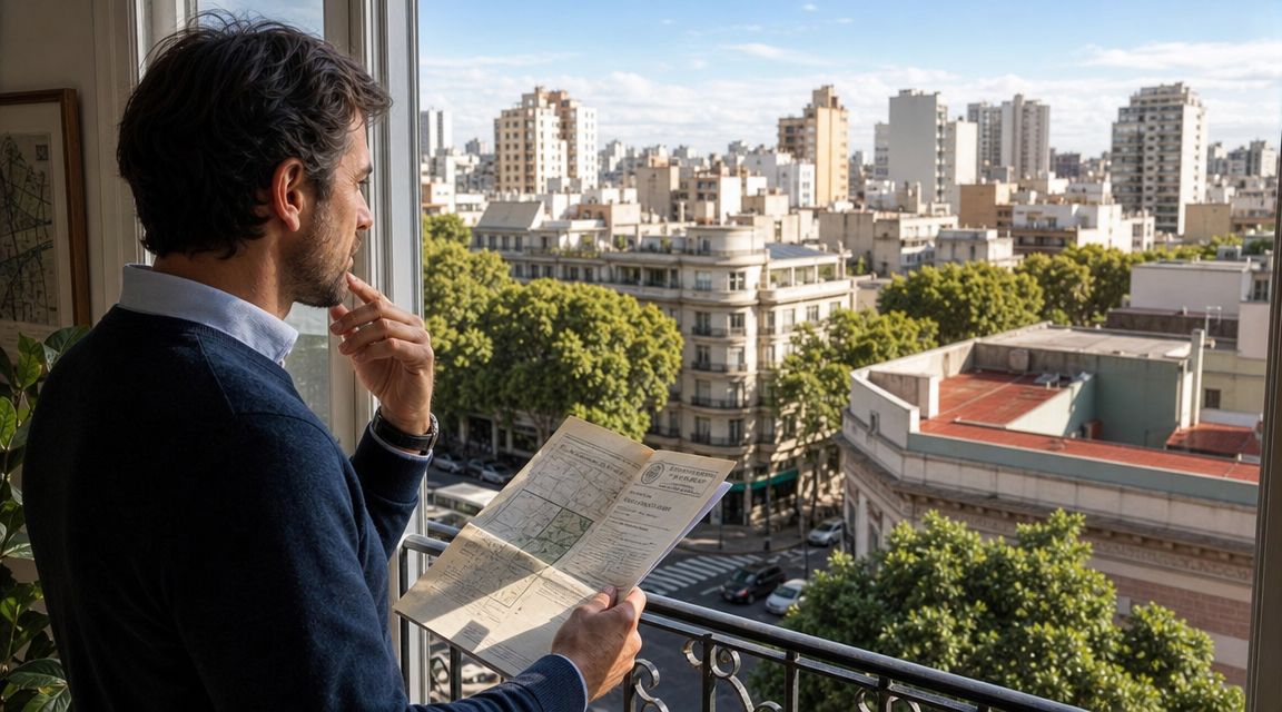 Hombre analizando un mapa antiguo de la ciudad mientras observa las vistas desde su balcón urbano.