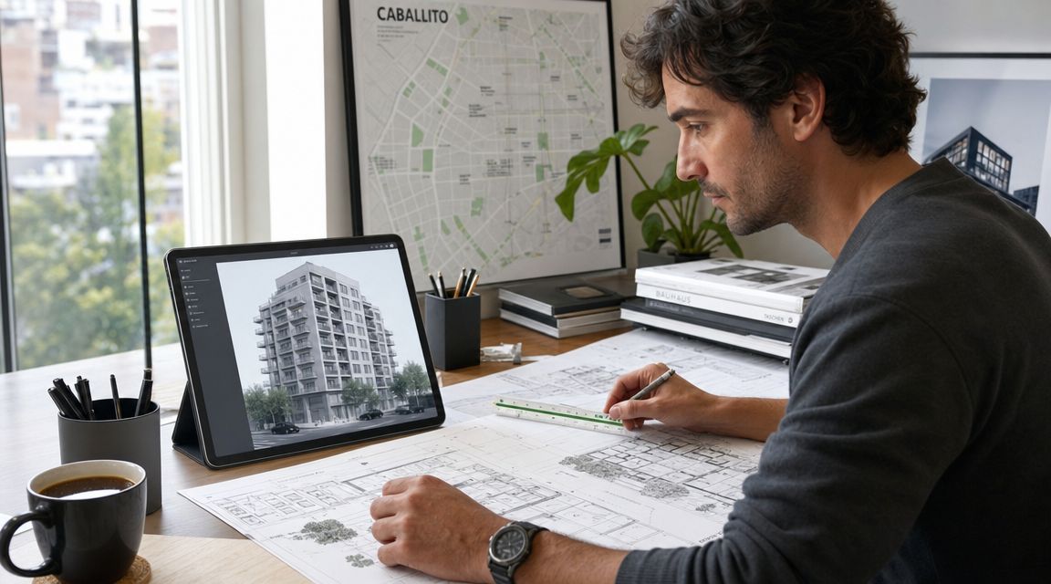 Un arquitecto trabaja en un proyecto de construcción en su escritorio con planos y una tableta digital.