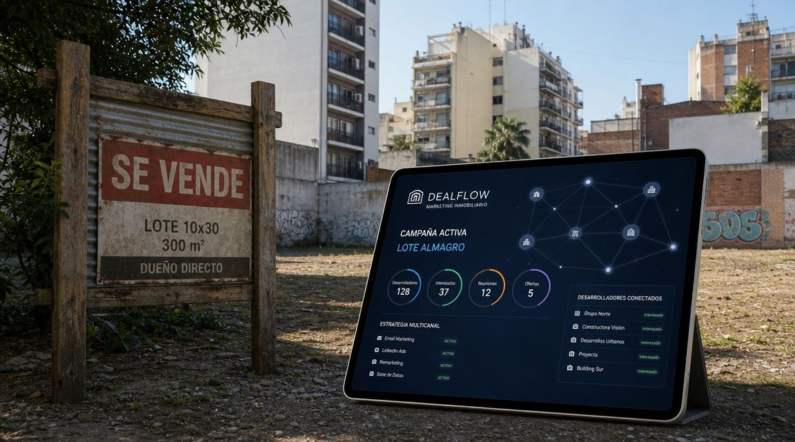 Tableta digital con métricas inmobiliarias frente a un cartel de venta de lote en el barrio Almagro.