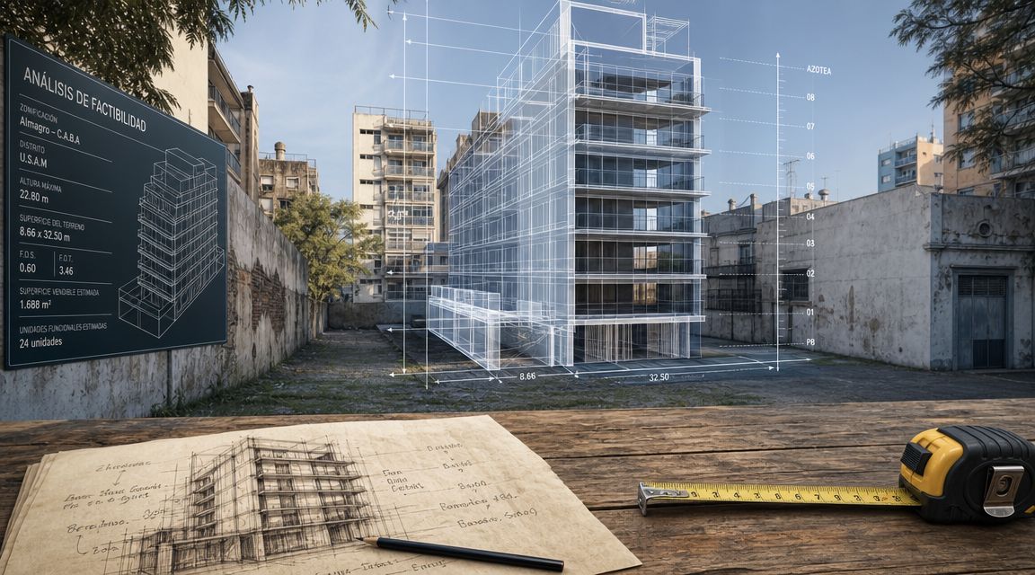 Representación arquitectónica digital de un edificio sobre un terreno vacío con planos y herramientas de medición.