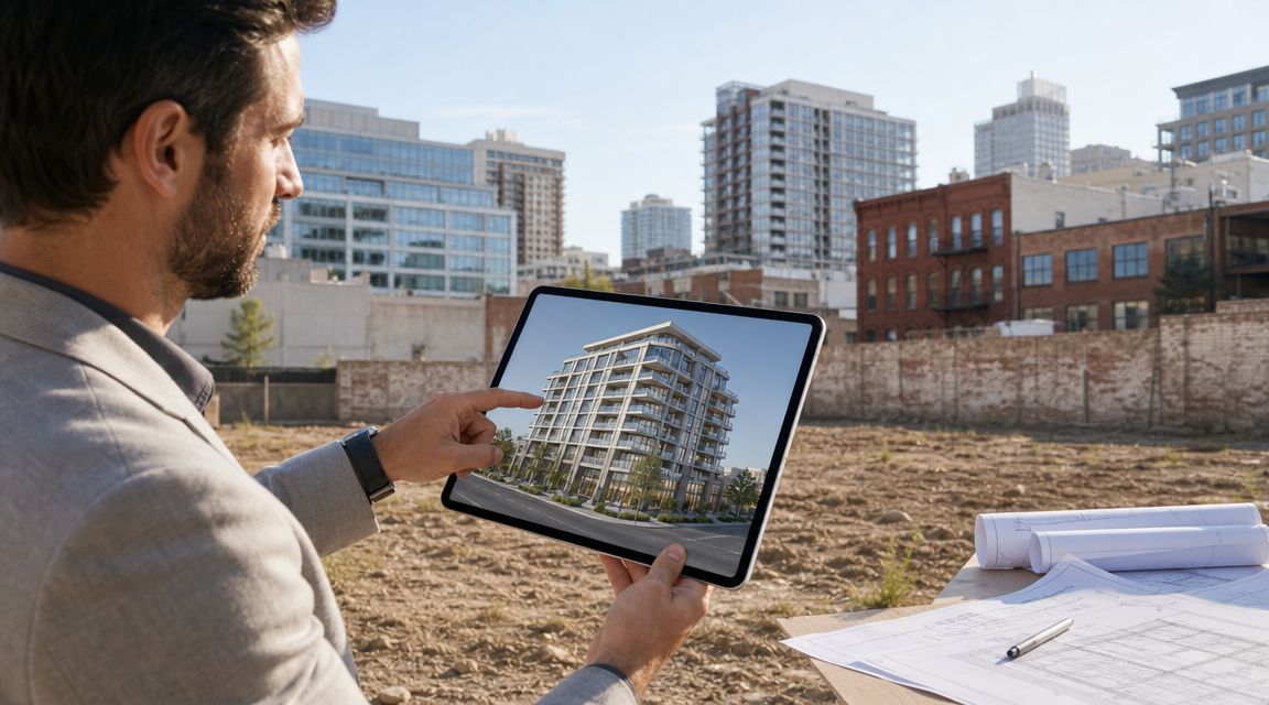 Arquitecto visualizando un proyecto de construcción moderno en una tableta frente a un terreno vacío.