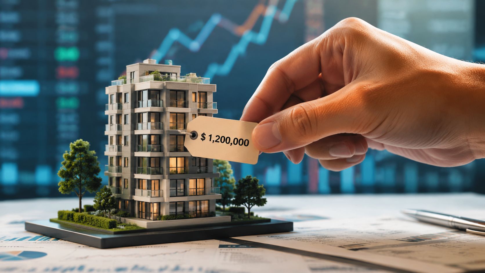 Una mano sostiene una etiqueta de precio sobre una maqueta de un edificio moderno en una oficina.