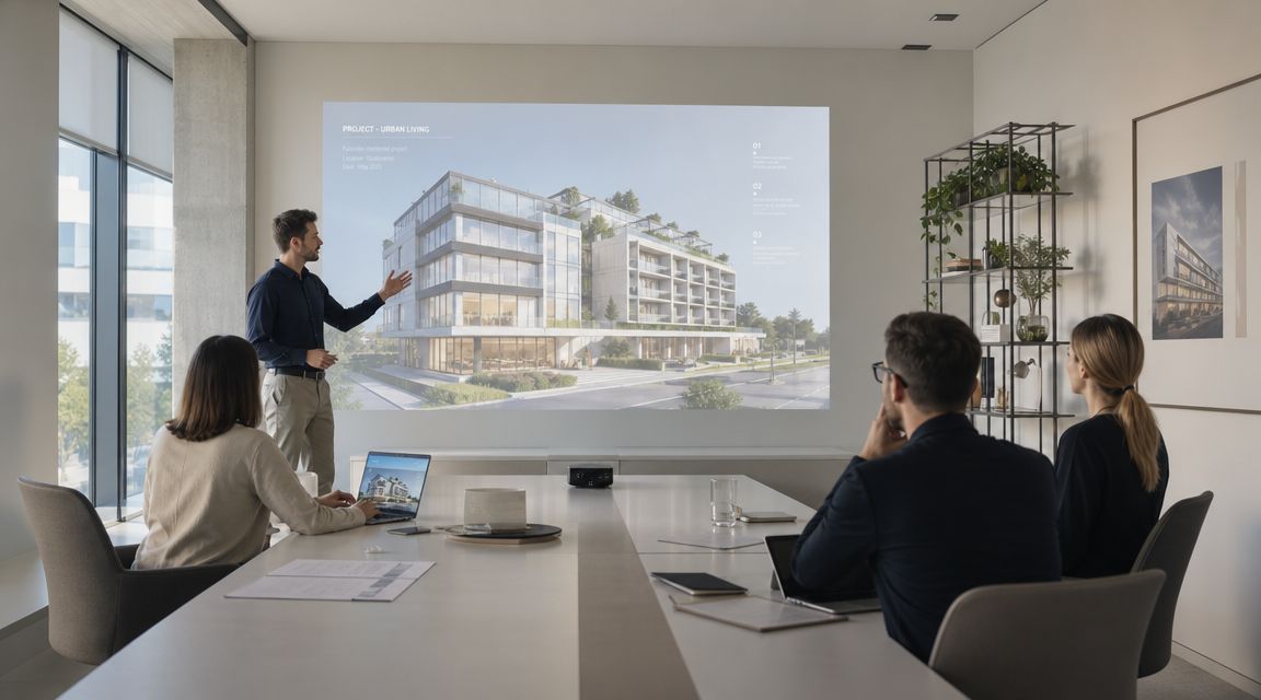 Un equipo de arquitectos revisa una presentación sobre un moderno complejo residencial proyectado en una oficina luminosa.