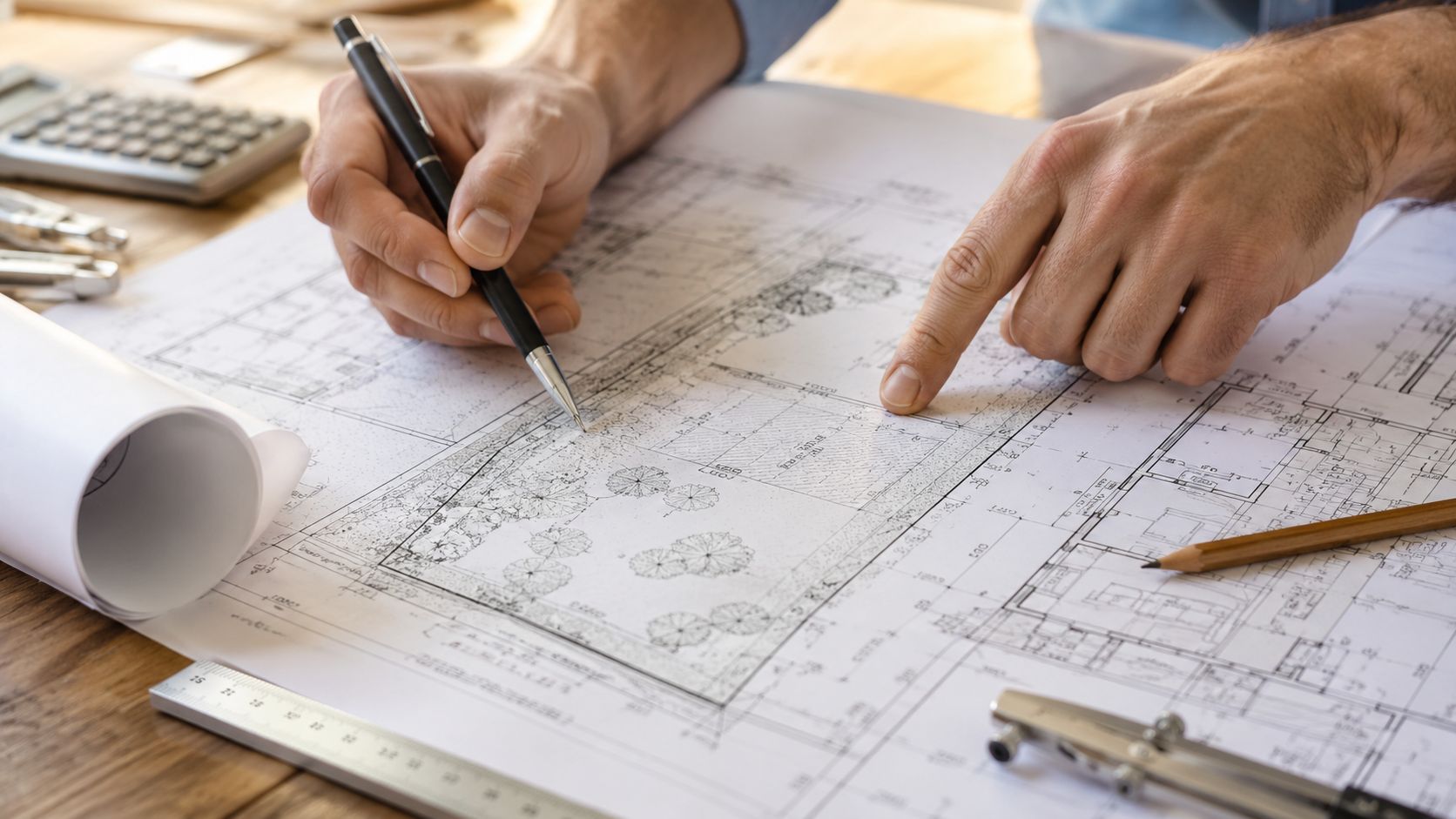 Arquitecto analizando planos detallados de un terreno con herramientas de diseño profesional en su escritorio.