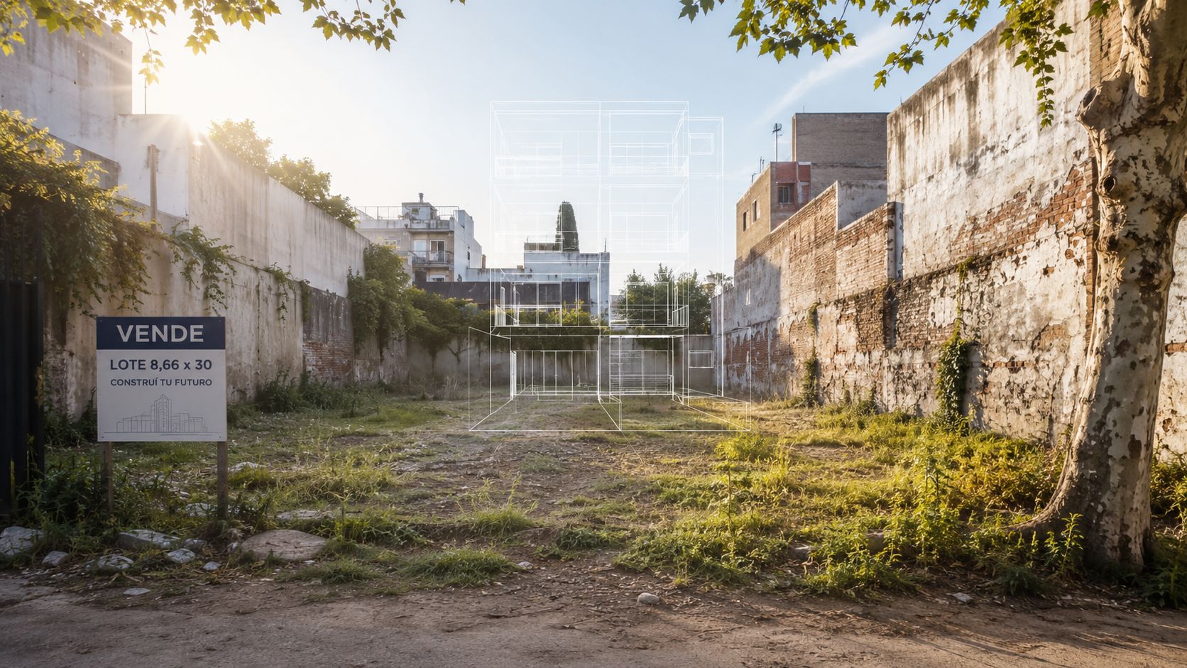 Lote vacío en venta en Boedo con renderizado arquitectónico superpuesto que muestra un futuro edificio residencial.