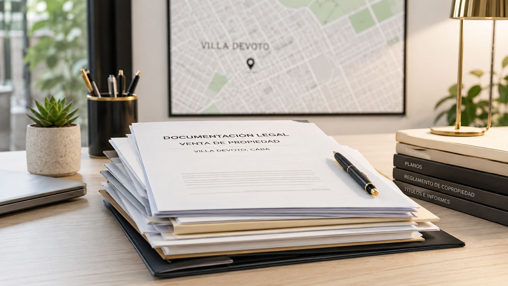 Documentación legal para la venta de una propiedad en Villa Devoto, CABA, sobre un escritorio ordenado.