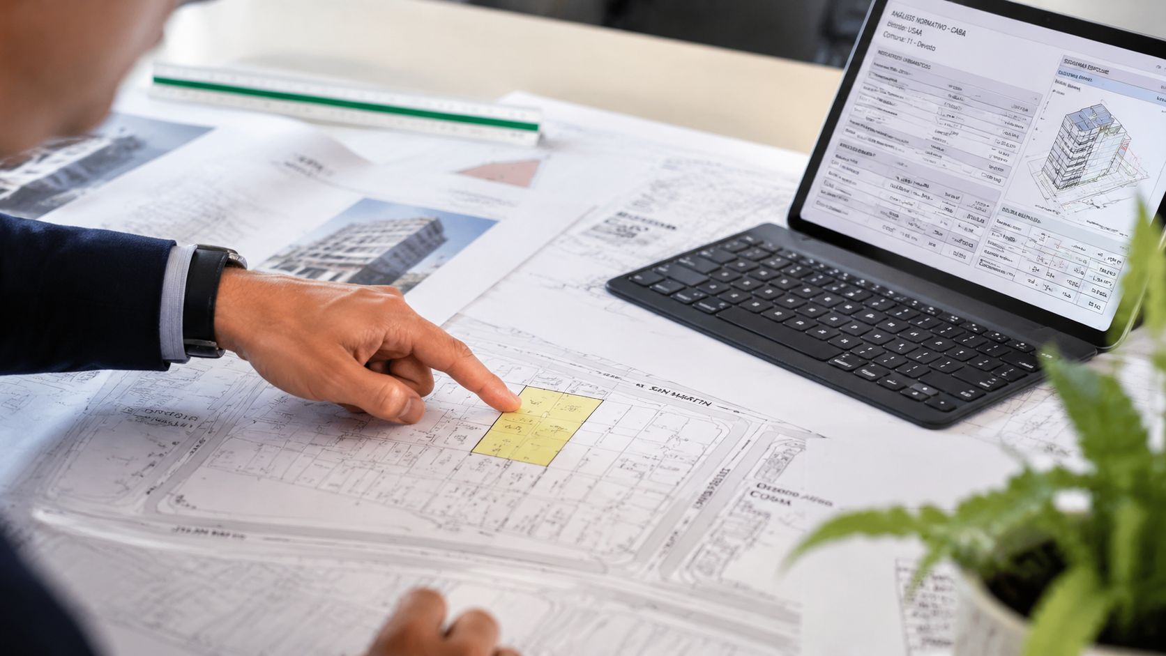 Arquitecto analizando planos de construcción y mapas urbanos para un proyecto inmobiliario en Buenos Aires.