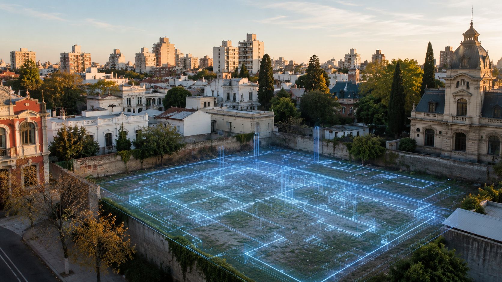 Representación digital de un plano arquitectónico superpuesta sobre un terreno baldío en un entorno urbano residencial.