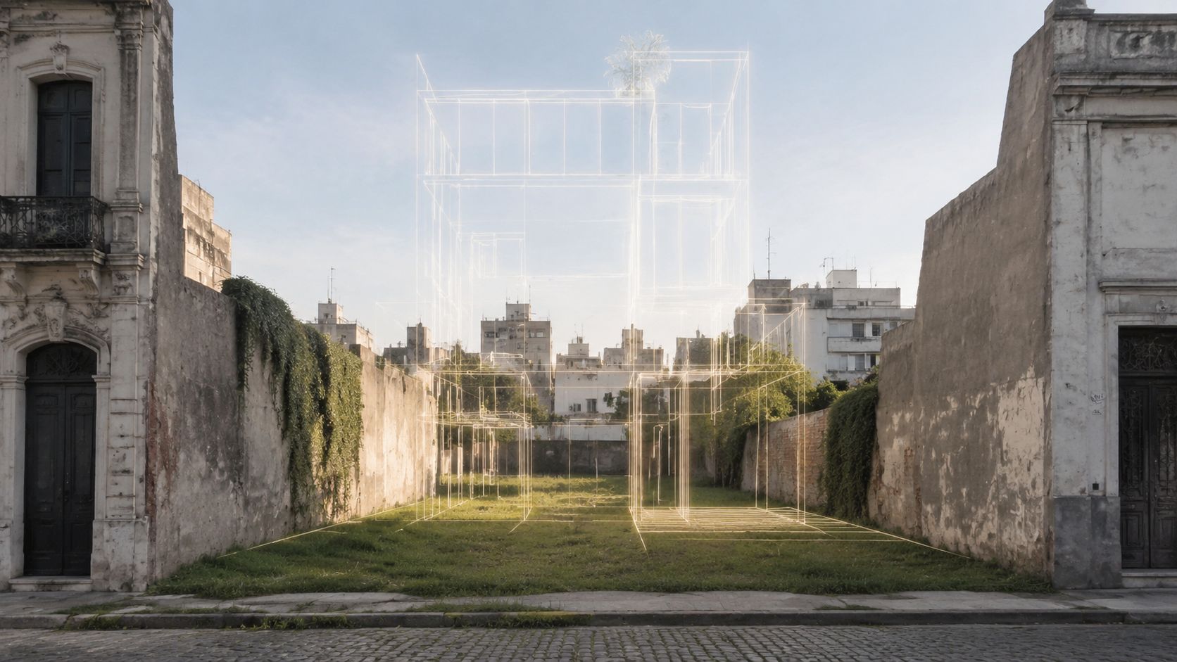 Visualización arquitectónica de una estructura lineal sobre un terreno baldío en un barrio histórico antiguo.