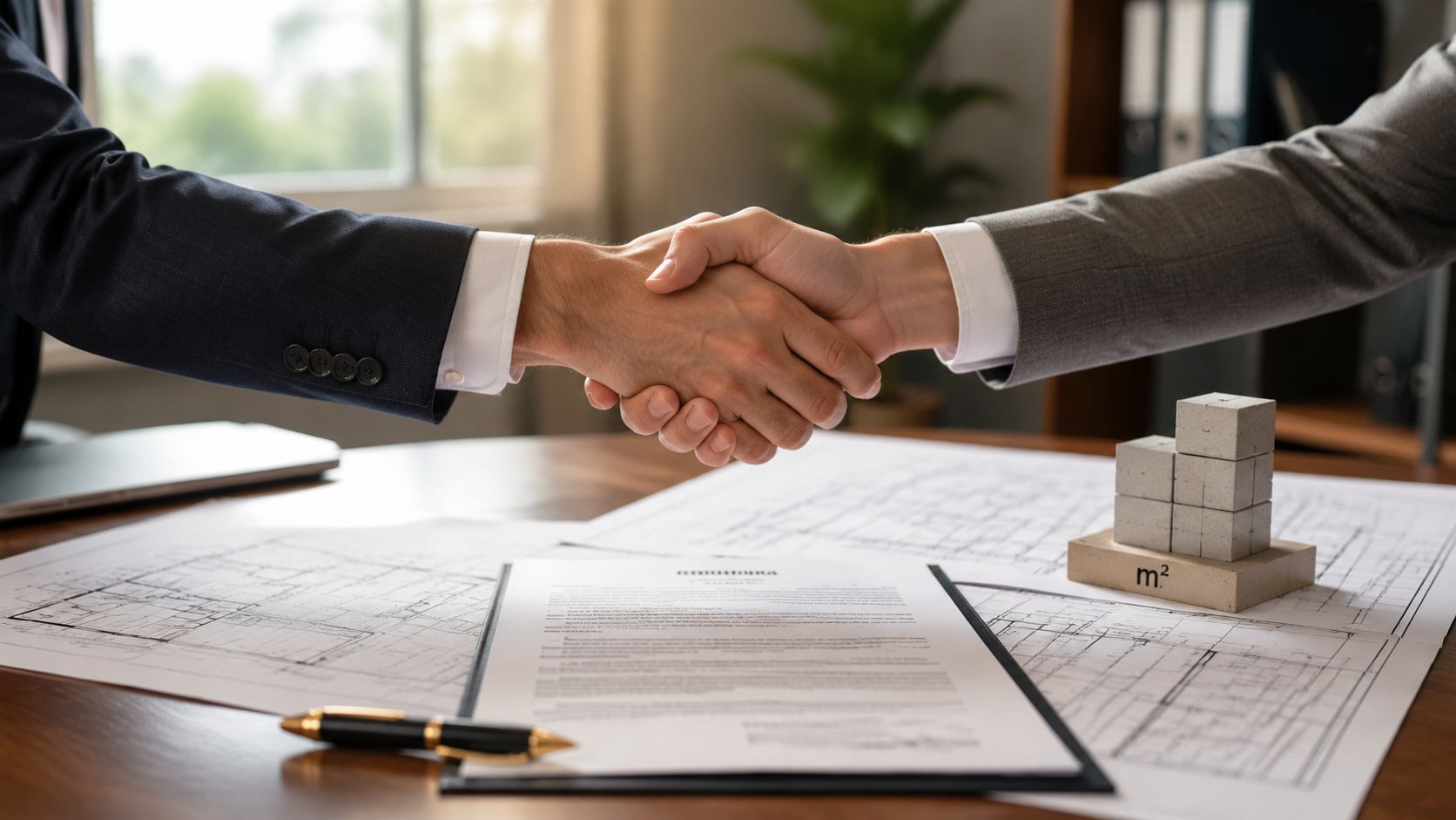 Dos profesionales de negocios dándose un apretón de manos sobre planos de arquitectura y un contrato legal.