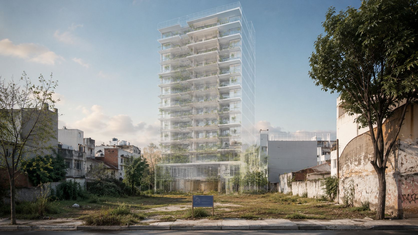 Representación arquitectónica digital de un edificio moderno proyectado sobre un terreno baldío urbano en Parque Patricios.
