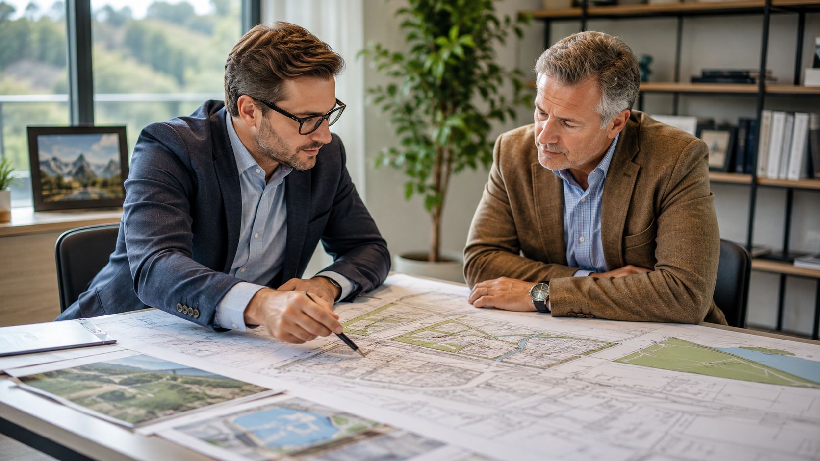 Dos arquitectos profesionales analizan un plano de diseño urbano para un proyecto de desarrollo inmobiliario.
