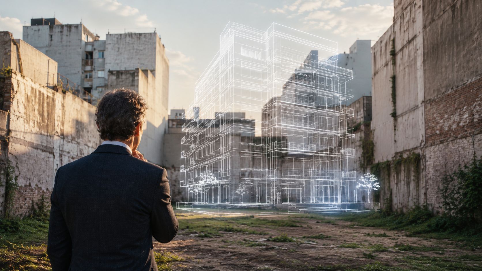 Un hombre de negocios visualiza un edificio proyectado holográficamente sobre un terreno baldío urbano en construcción.