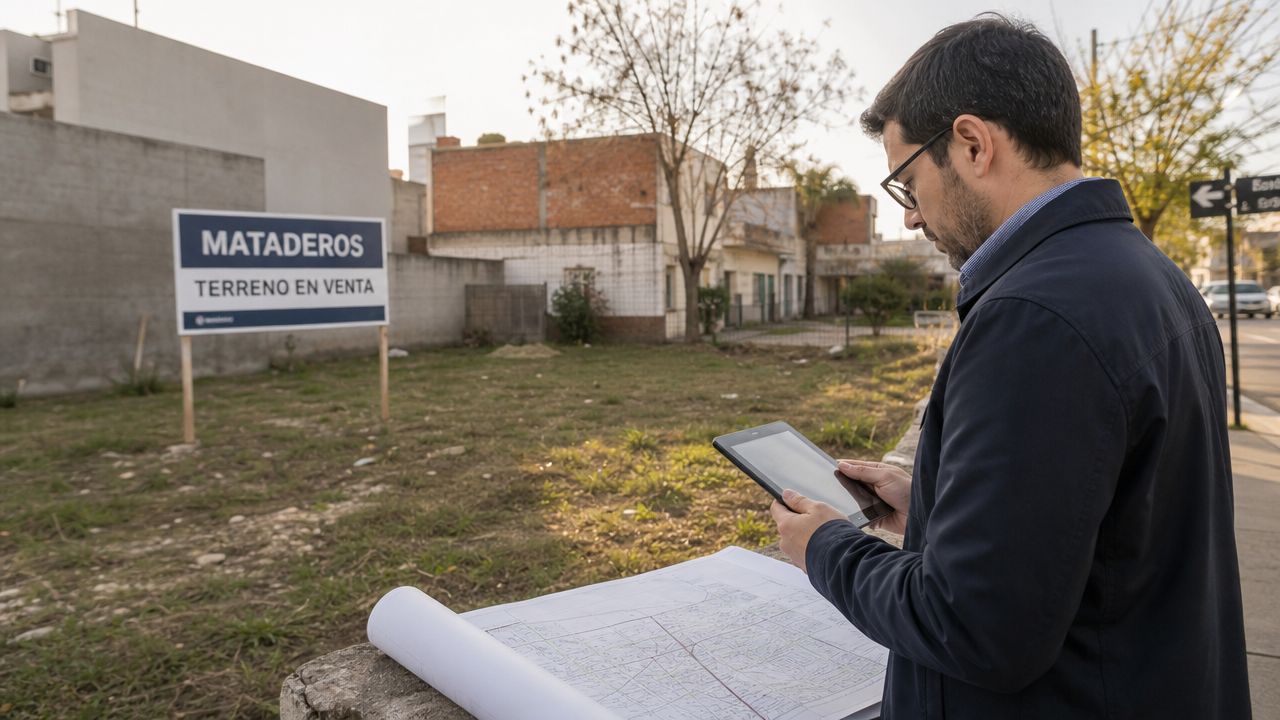 Un hombre revisa planos y una tablet frente a un terreno en venta en el barrio de Mataderos.
