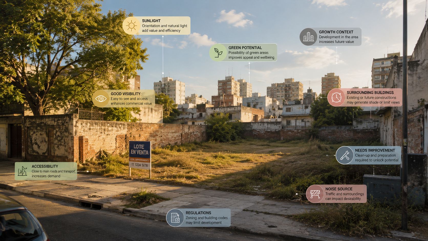 Lote baldío en venta en zona urbana de Buenos Aires con etiquetas informativas sobre potencial inmobiliario.