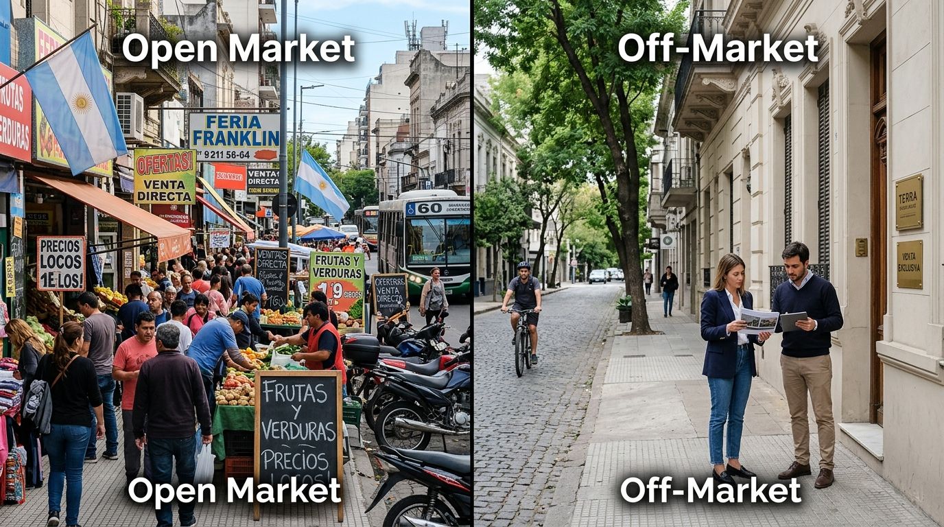 Comparación visual entre un mercado callejero concurrido y un entorno inmobiliario privado y exclusivo en la ciudad.
