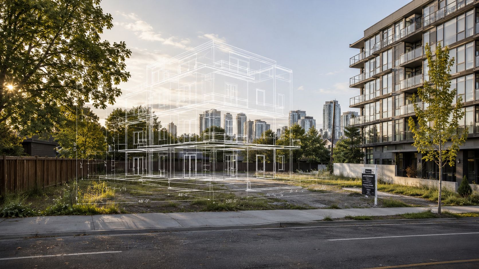 Representación digital de una casa proyectada sobre un terreno baldío urbano durante el atardecer.