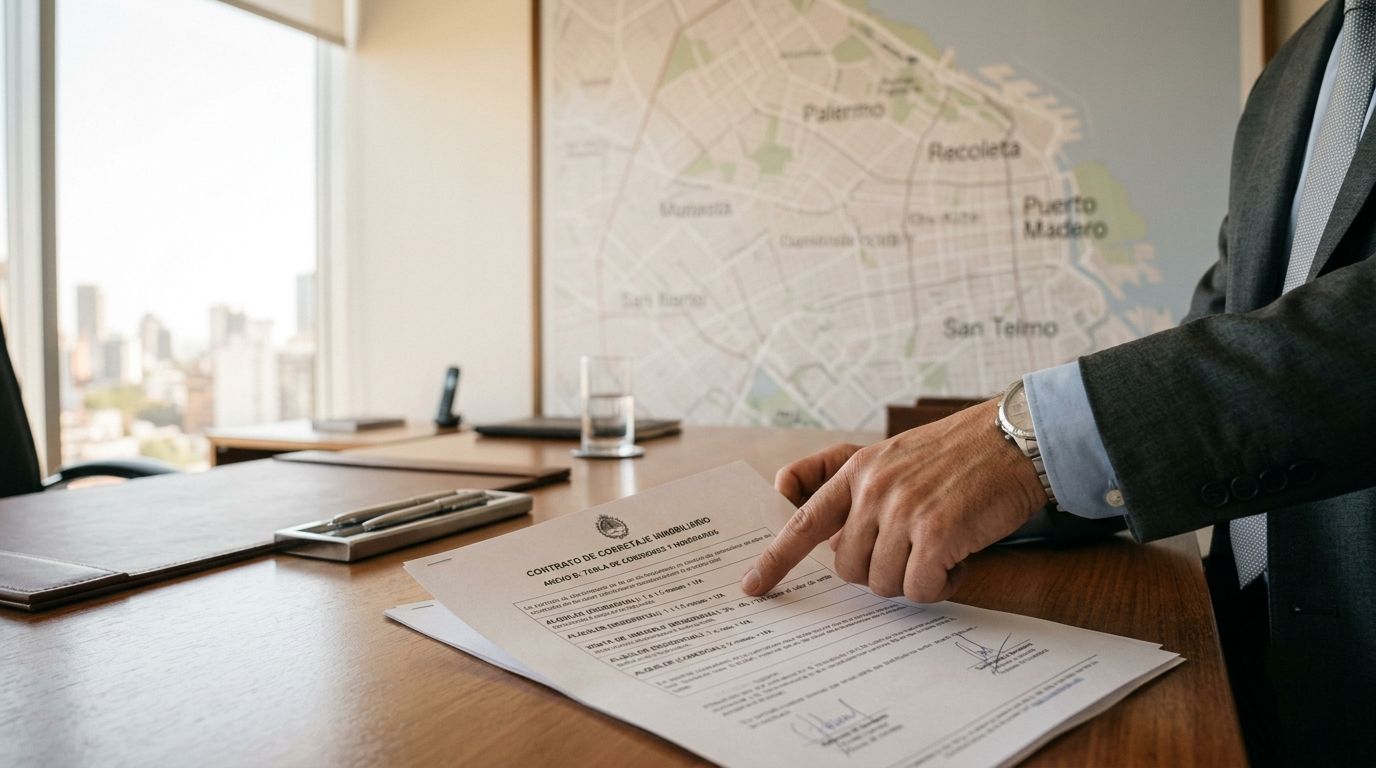 Un agente inmobiliario señala un contrato con las tarifas de comisión sobre una mesa de oficina.