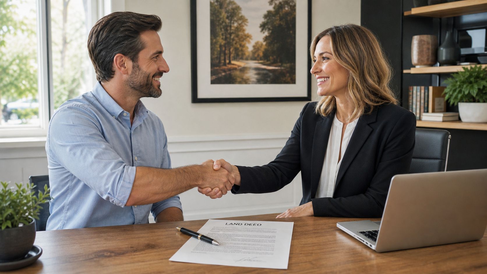 Un agente inmobiliario y un cliente se dan la mano tras cerrar la venta de un terreno.