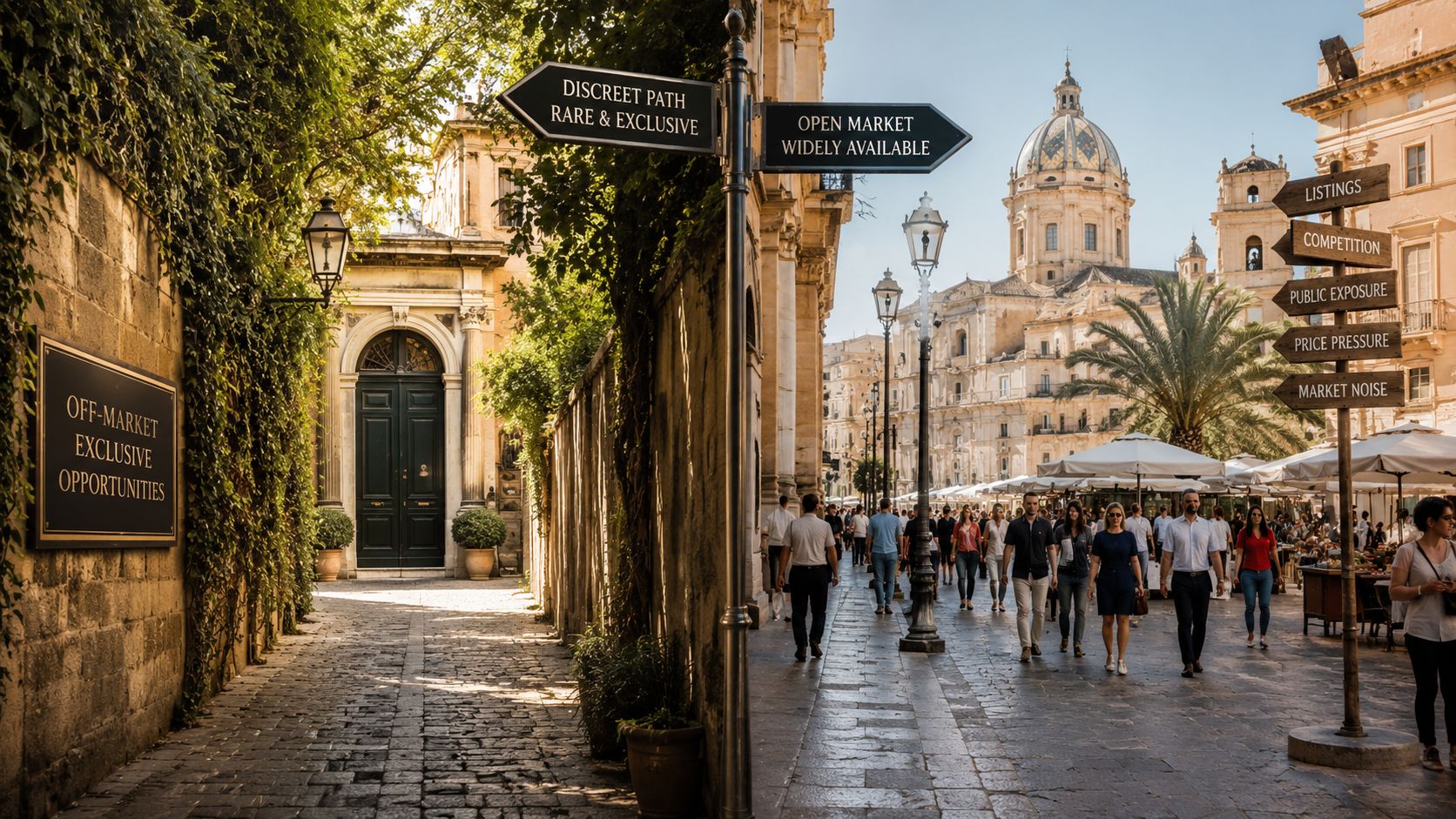 Un letrero en una calle histórica divide caminos hacia oportunidades exclusivas o el mercado público abierto.