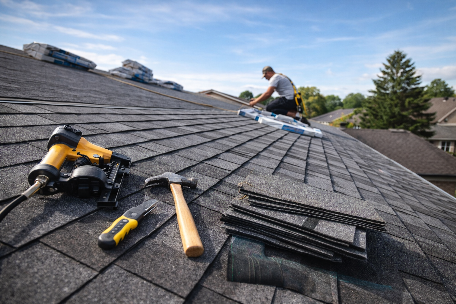 Construction worker in a yellow hard hat and safety vest installing a window in a house under construction.