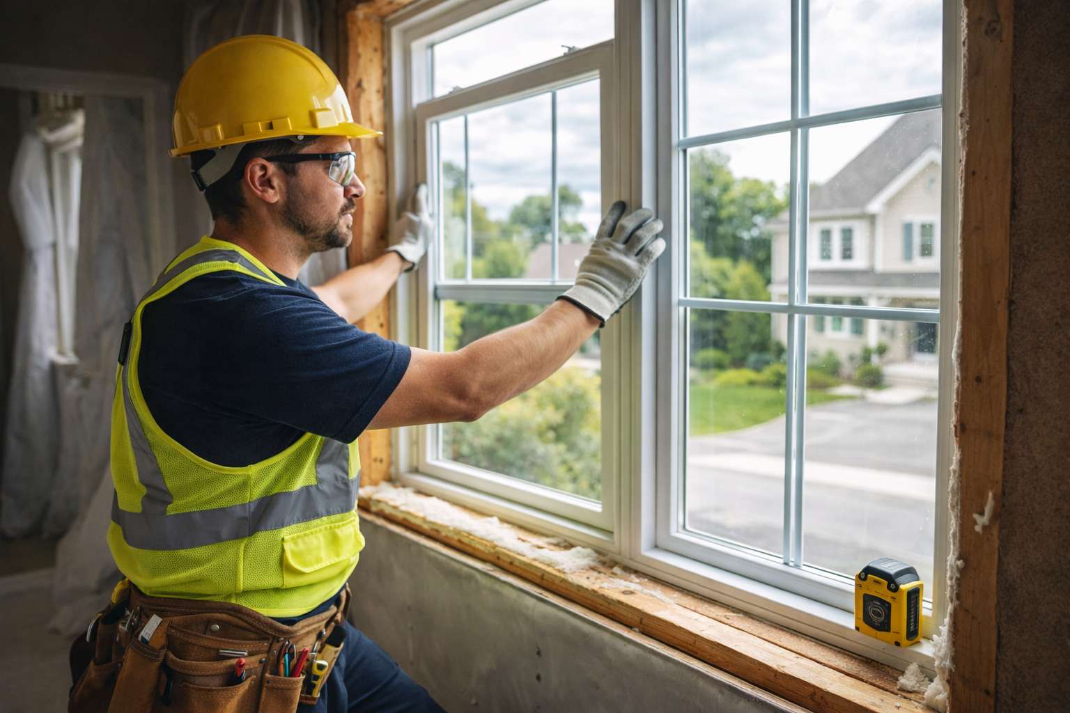 Construction worker wearing a yellow hard hat and reflective vest installing or inspecting a window in a house under construction.