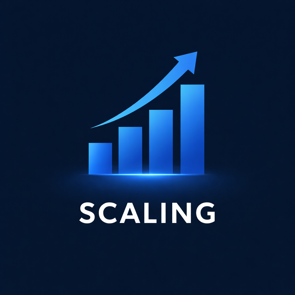 Blue ascending bar chart with an upward arrow and the word 'SCALING' below.