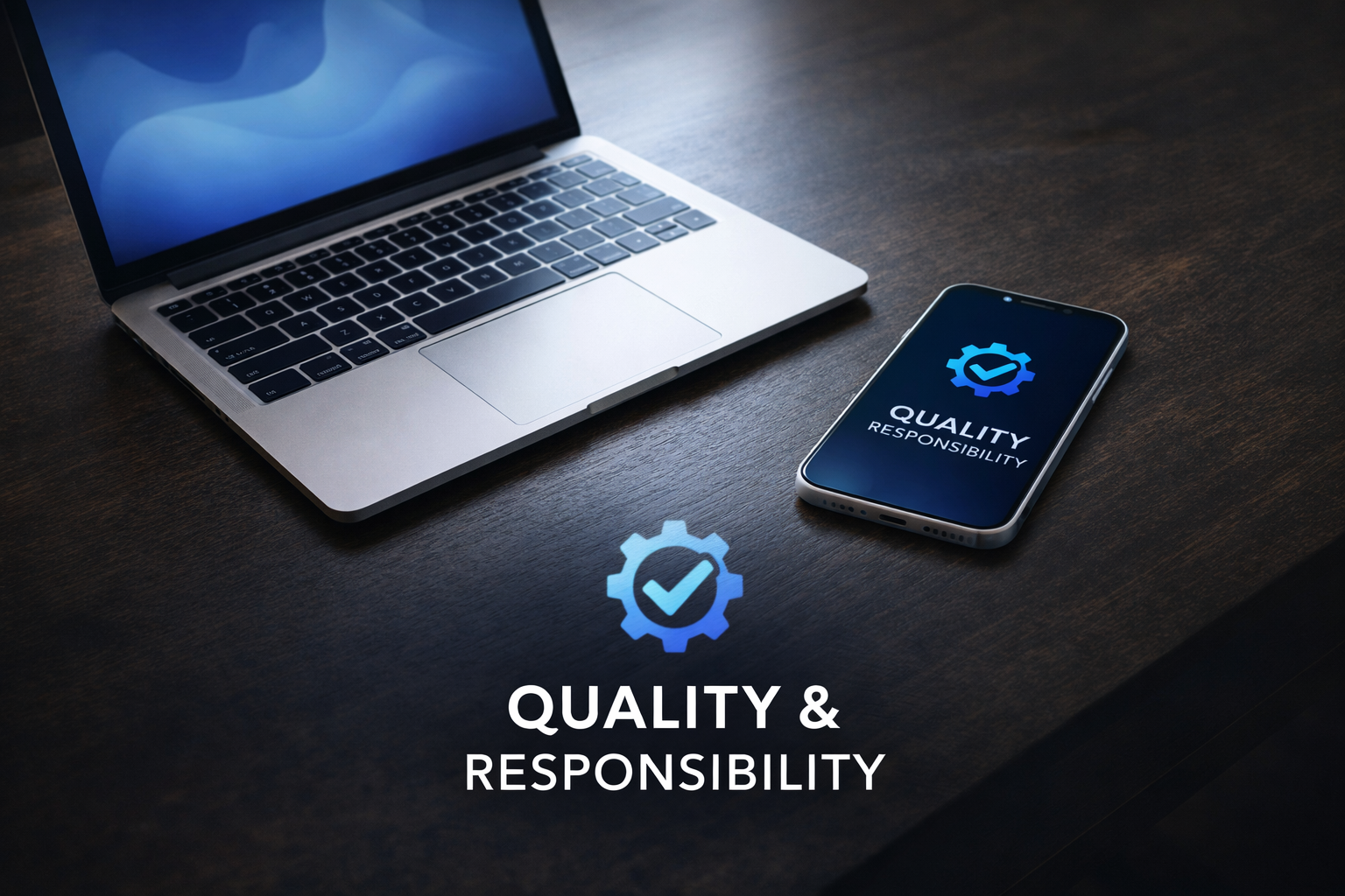 Laptop and smartphone on a dark wooden desk, both displaying a blue gear icon with a checkmark and the text ‘Quality & Responsibility’.