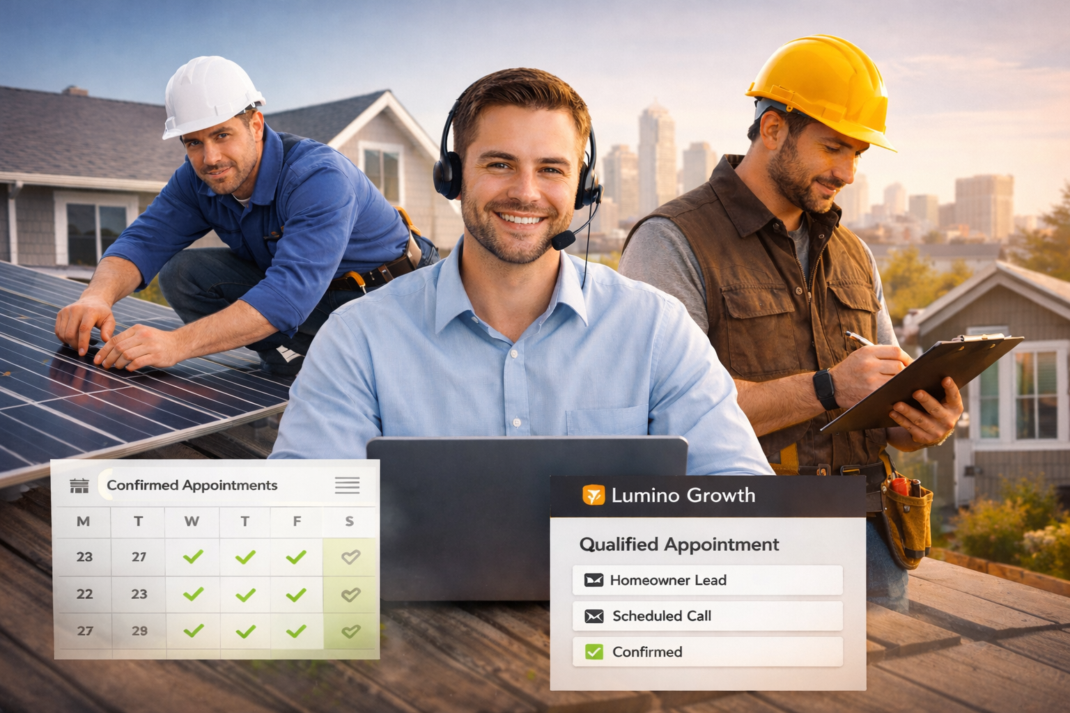 Three workers at a solar panel installation site, one man wearing a headset and smiling at a laptop, another man adjusting solar panels wearing a white hard hat, and a third man with a yellow hard hat writing on a clipboard, with overlay graphics showing confirmed appointments and qualified appointment status for Lumino Growth.